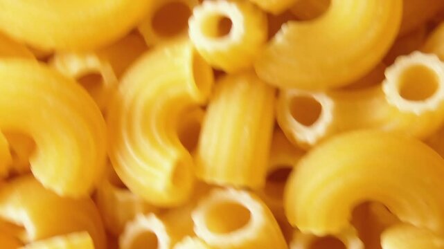 Uncooked Chifferi Rigati Pasta - Top View, Close-Up. Fat and Unhealthy Food. Classic Dry Macaroni, Rotating Background. Italian Culture and Cuisine. Raw Golden Pasta Texture - Right Angular Rotation