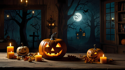 old, rustic wooden table surrounded by Halloween decorations