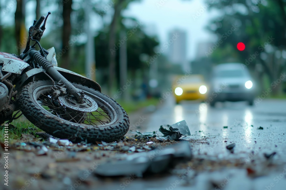 Wall mural Road accident or motorcycle crash. Selective focus background and copy space