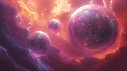 Fototapeta premium A digital painting of a surreal space scene with glowing orbs floating through a nebula.