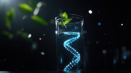 Biotechnology test tube with DNA helix experiment on illuminated plant leaf, colorful background, beaker containing light green liquid