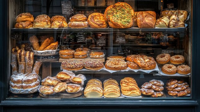 A bakery window display filled with freshly baked pastries, breads, and donuts.