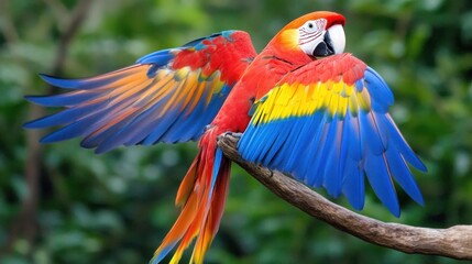 A scarlet macaw parrot with vibrant red, blue, yellow, and green feathers perches on a branch with its wings spread.