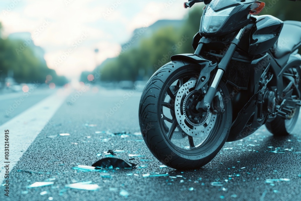 Poster Road accident or motorcycle crash. Selective focus background and copy space