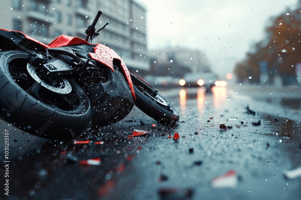 Sticker Road accident or motorcycle crash. Selective focus background and copy space