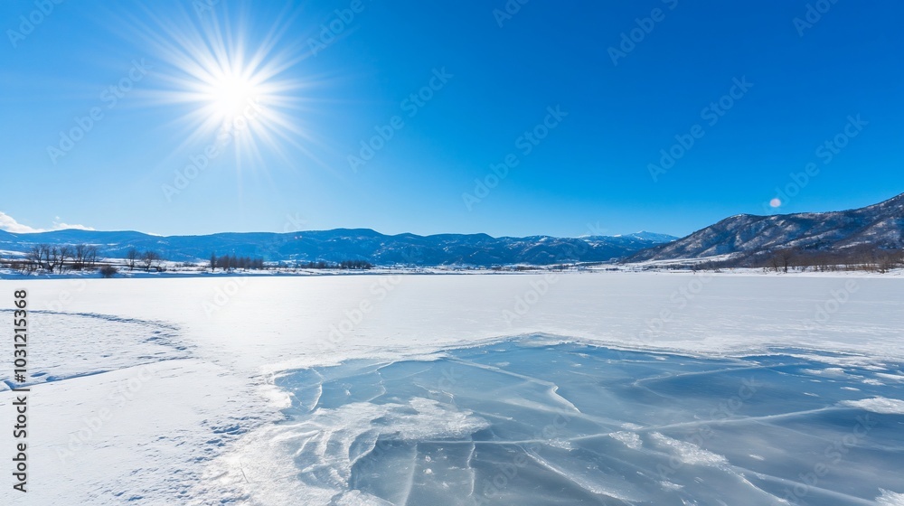 Wall mural a serene winter landscape with a frozen lake and bright sun.