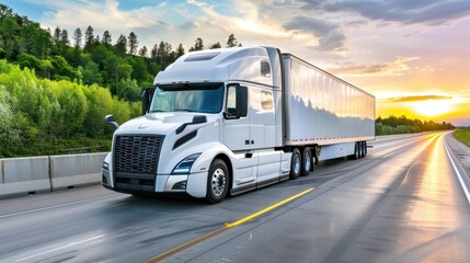 White Semi-Truck Driving on a Highway at Sunset
