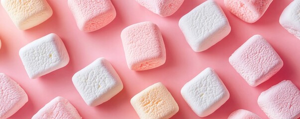 Soft pastel marshmallows on a pink background, top view. Sweet confectionery and candy concept