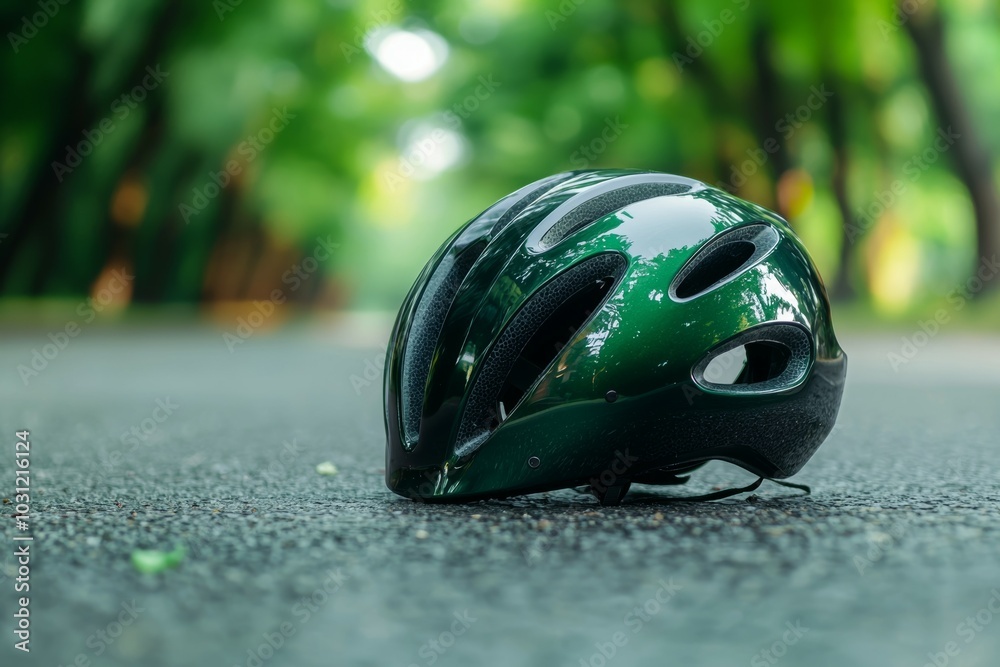 Wall mural Cyclist helmet on the road after an accident. Background with selective focus and copy space