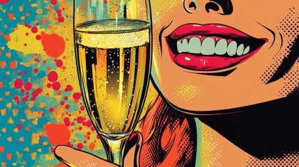 Pop art style woman smiling with champagne glass and colorful background