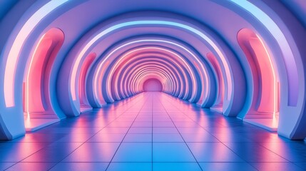 Obraz premium A futuristic hallway with reflective surfaces, symmetrical arches stretching into infinity, illuminated by soft neon hues, creating a surreal mirrored environment