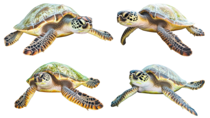 Collection of Sea Turtles Captured Against a White Background Generative AI