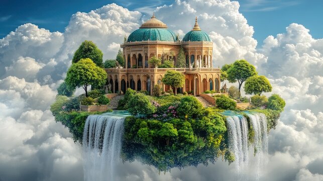 A picturesque palace nestled on a floating island, adorned with lush greenery and cascading waterfalls, against a backdrop of fluffy clouds and a vibrant blue sky.