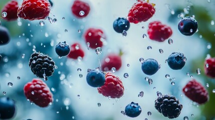 Fresh berries falling with water droplets on blue background