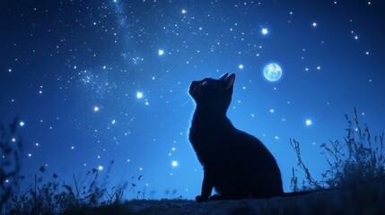 Black cat gazing at starry night sky with moon, peaceful nature concept