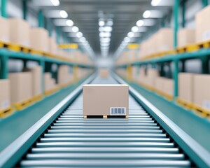 A brown cardboard box sits on a conveyor belt in a warehouse, surrounded by shelves filled with neatly stacked boxes.