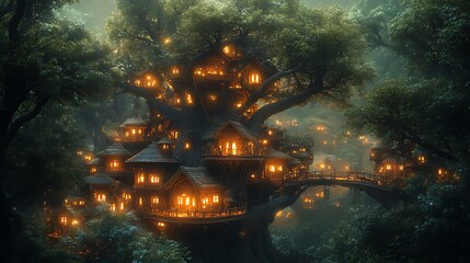 Obraz premium A magical treehouse village nestled in a dense forest, illuminated by warm lights, creates a whimsical and enchanting scene.