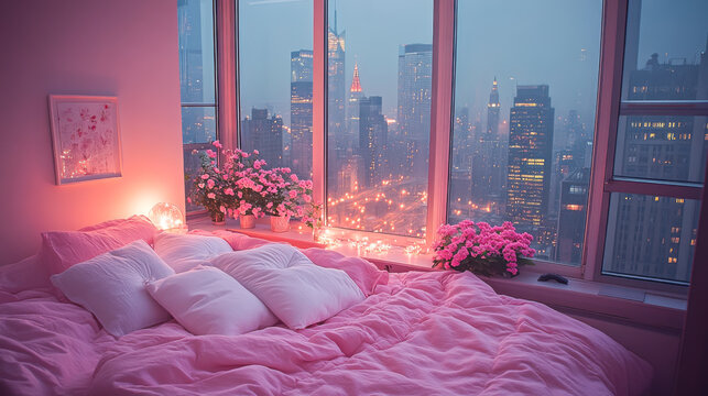 Fototapeta Modern style luxury pink master bedroom with blurry city view in the night background