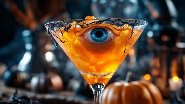Halloween cocktail with floating eyeball in a spooky setting, festive drink concept