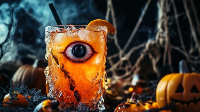 Halloween cocktail with eyeball garnish in spooky setting
