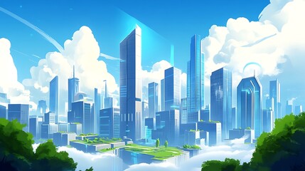 A City of Towers Piercing Through Clouds on a Bright Day