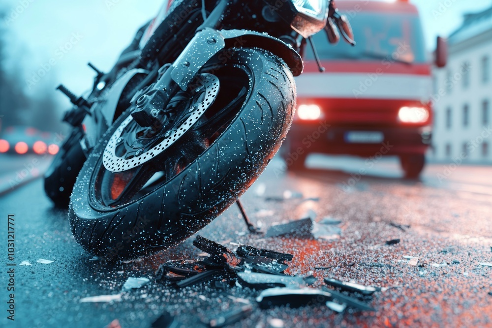 Poster Road accident or motorcycle crash. Selective focus background and copy space