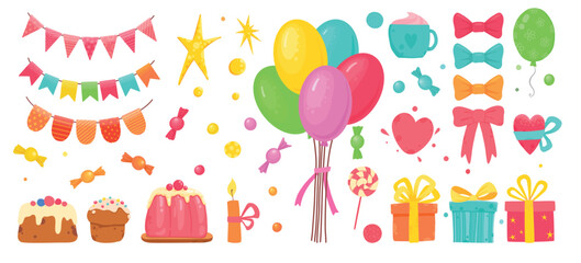 Cartoon birthday party decorations. Gifts presents, sweet cupcakes and celebration cake. Colorful balloons, carnival celebration food and candy. Isolated vector illustration icons set,white background
