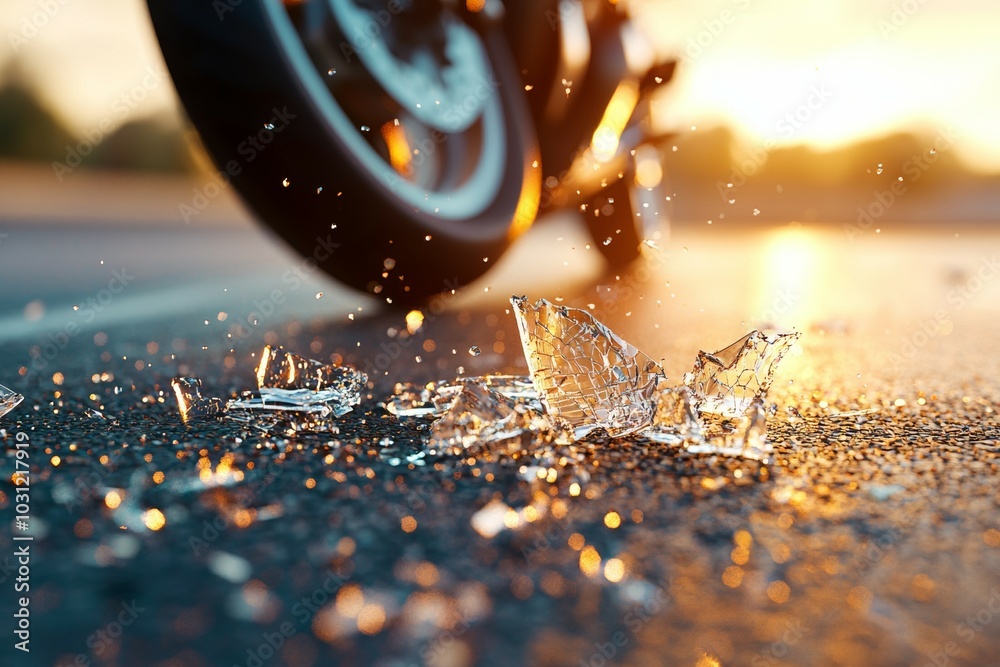 Poster Broken glass on the road. Selective focus background and copy space