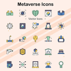 Icons representing metaverse concepts and virtual realities.