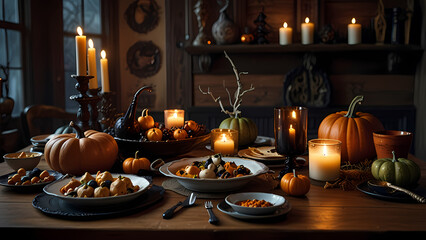 Fototapeta premium old, rustic wooden table surrounded by Halloween decorations
