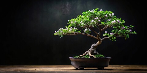 leafy bonsai with small green leaves and small white and violet flowers on a black background