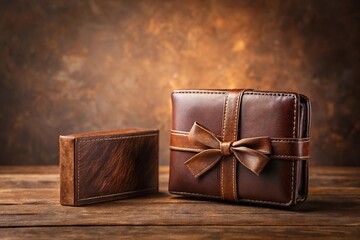 Leather wallet on table being packed for gift on brown background with depth of field effect