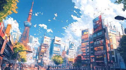 A Vibrant Anime-Style View of Tokyo's Skyline with Flying Birds