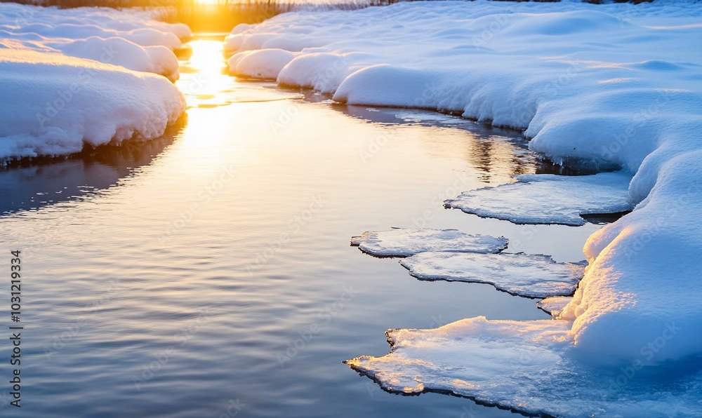 Wall mural a serene winter landscape with a river reflecting the sunset.