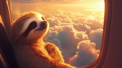 Sloth enjoying sunset view from airplane window, dreamy travel concept
