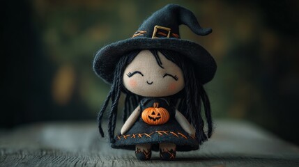 Cute plush witch doll in halloween attire, playful spooky decoration concept