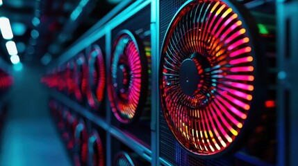 A dimly lit server room containing multiple high-tech cooling fans with vibrant colors, indicating advanced computing technology.
