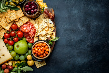 Appetizer Platter with Crackers, Salami, Cheese, Olives, and Grapes - Food Photography
