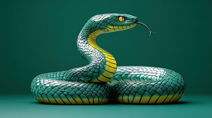 Obraz premium Green snake with yellow stripes in a coiled position on a green background.