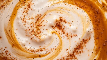 Close-up of swirling coffee foam with cinnamon sprinkles, abstract design. Gourmet food and beverage concept