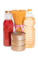 Food Reserves: Canned Food, Spaghetti, Tomato Juice, Pasta and Grocery - Isolated on White Background. Emergency Food Storage in Case of Crisis. Strategic Food Supplies - Isolation
