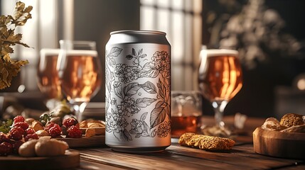 A matte craft beer can with hand-drawn illustrations, resting on a wooden picnic table, surrounded by beer glasses and snacks, photorealistic, isolated on white background