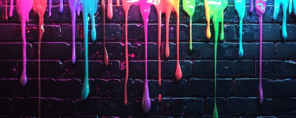 Colorful paint drips on a black brick wall