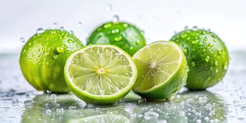 Limes on white background with water drops reflection