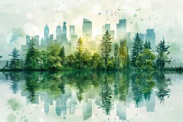 Obraz premium City Landscape Island with Green Trees Clouds