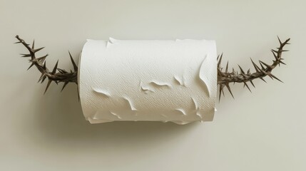 toilet paper roll pierced by thorns representing discomfort, abstract concept