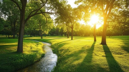 Obraz premium Serene Landscape with Stream and Sunlight Peeking Through Trees