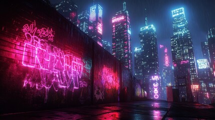 Obraz premium A night scene with towering skyscrapers illuminated by city lights, and the walls below covered in glowing neon graffiti art