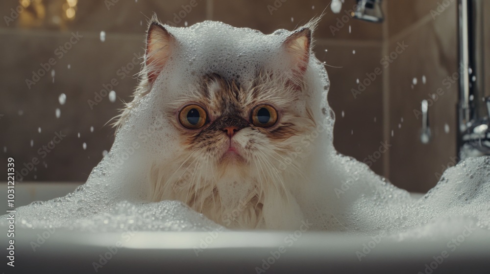 Poster cat in bath surrounded by bubbles and foam