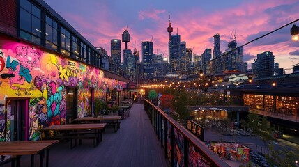 Naklejka premium A futuristic skyline adorned with creative street art murals on the lower floors, blending urban innovation with artistic flair